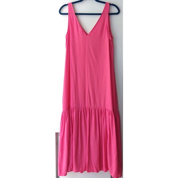 H&M Bright Barbie Pink Maxi Dress S fits like M Sleeveless VNeck with Ruffle Hem - Picture 3 of 7